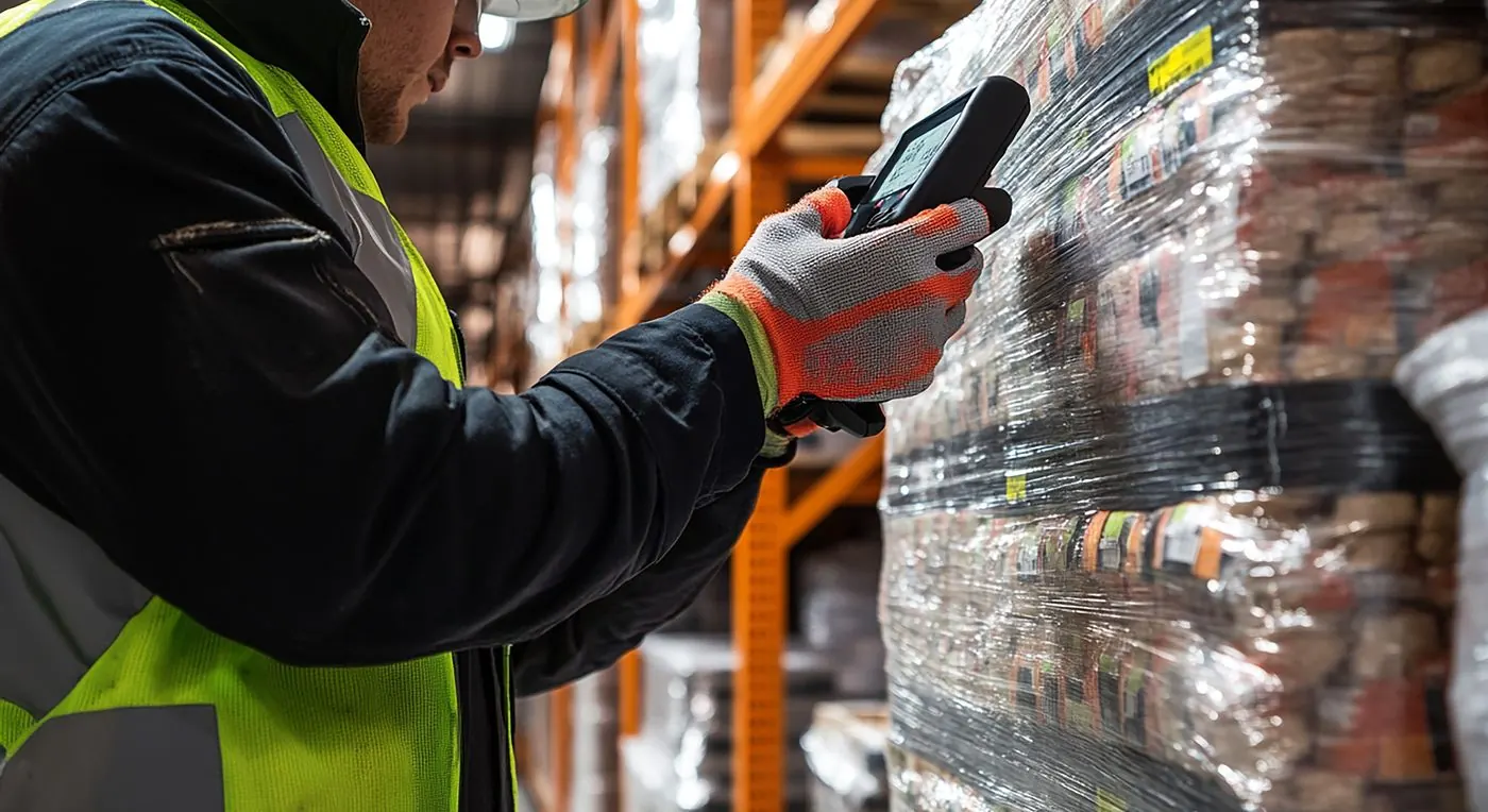 Warehouse worker scanning a wrapped pallet with a handheld scanner